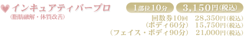 インキュアティバープロ1部位10分3,150円 回数券10回28,350円 ボディ60分 15,750円 フェイスボディ90分 21,000円