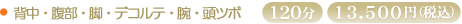 背中・腹部・脚・デコルテ・腕・頭ツボ 120分13,500円(税込)